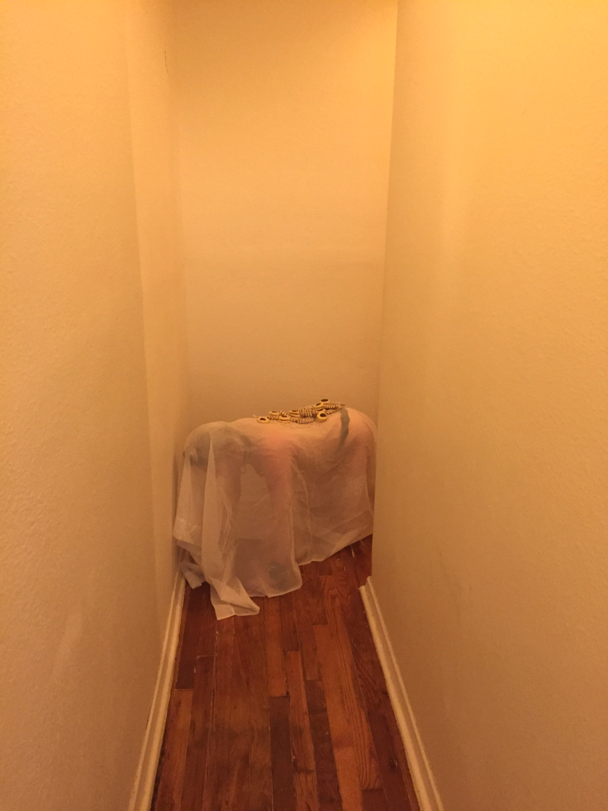 Side view of a girl on all fours with a sheer sheet over her and cookies on her back in a narrow hallway in warm light
